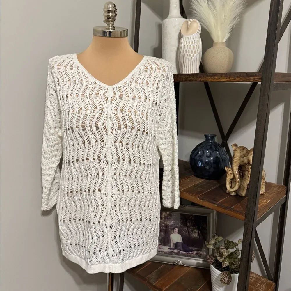 J McLaughlin Sweater Womens Medium White Crochet Knit Boho 100% Cotton